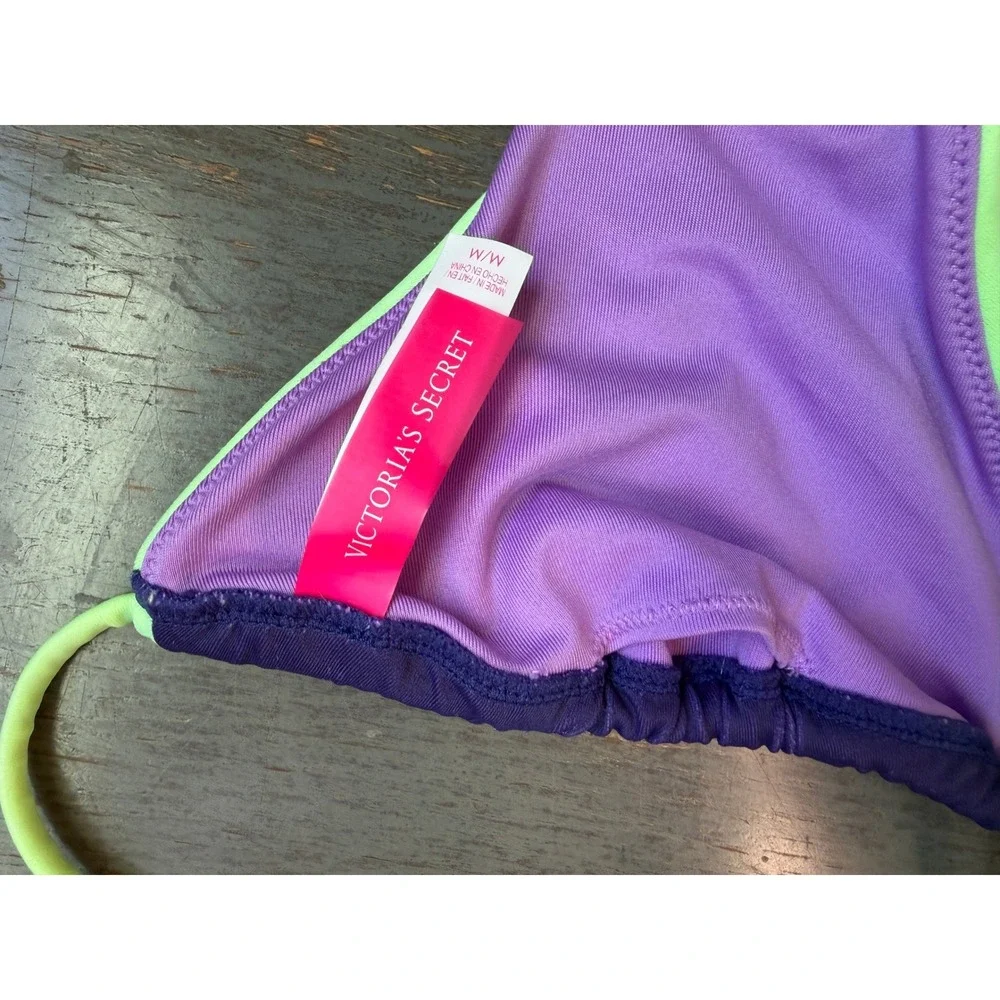 Victorias Secret Floral Triangle Bikini Top Navy Neon Green Trim Medium